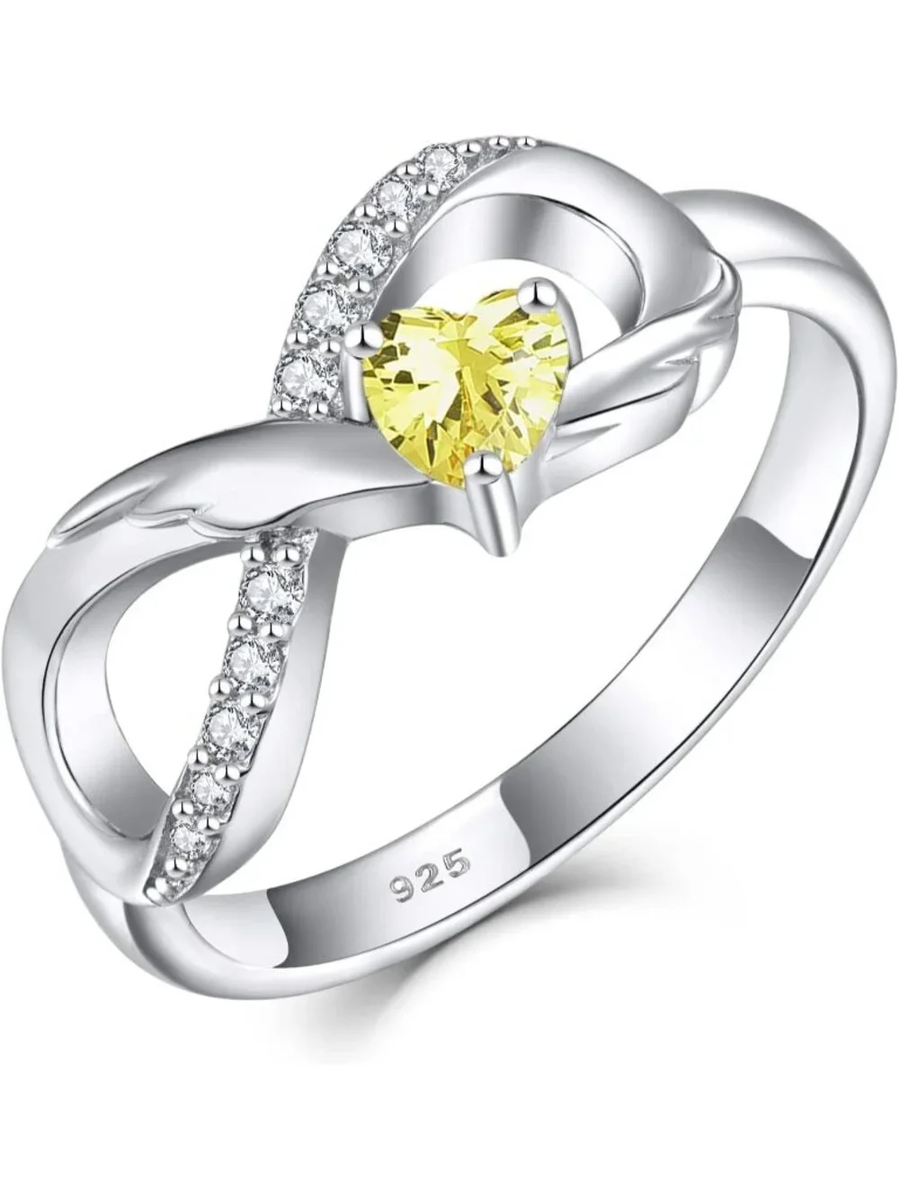 Women's Golden Topaz 925 Sterling Silver Infinity Promise Angel Wings Heart Ring
